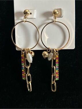 New Gold Hoop Drop Earrings with Multicolor Crystal Bars and Pearl Charms